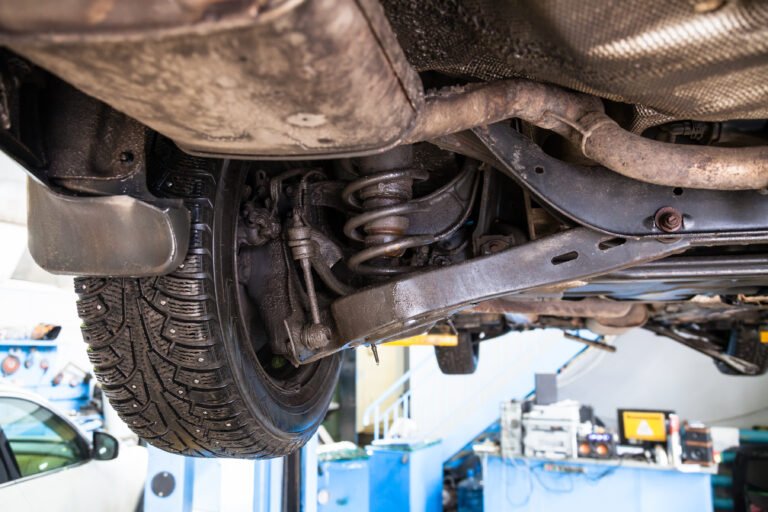 bottom view of shock absorber of vehicle on Shop Car Lift